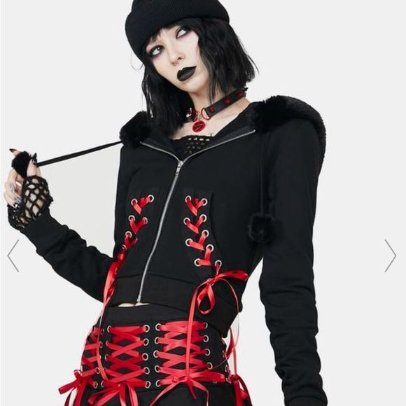 Dolls Kill Tops - Grave girls dolls kill bloodline hoodie fur trim m corset red black
